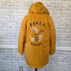 Vintage Mens USA Military Korea Souvenir Embroidered Parka Coat Fur Trim HEAVY